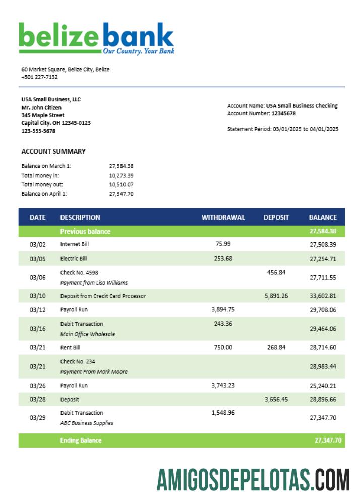 Imprimível Belizean empresa bancária extrato de conta corrente modelo Word e PDF